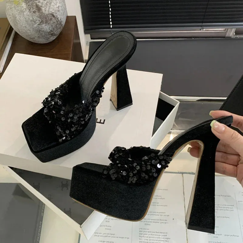 Women Sequin Square Toe Super High Heel Sandals